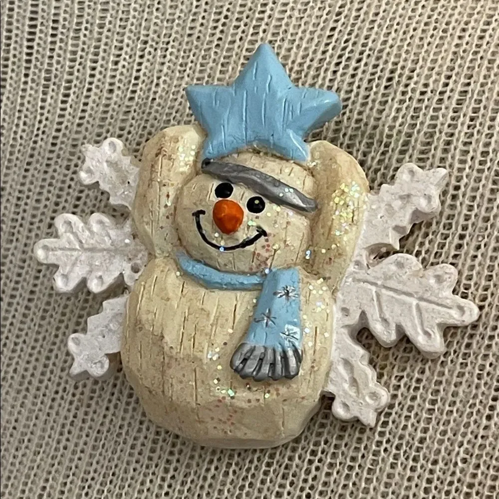 Vintage Charming Cream Snowman & Snowflake Pin with Blue Accents Holiday Brooch